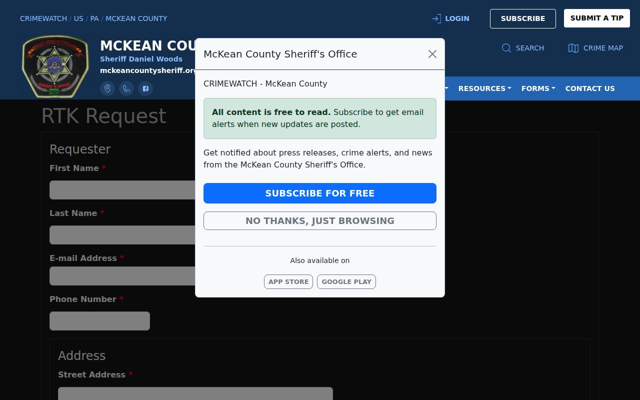 McKean County release record Right-to-Know request fields
