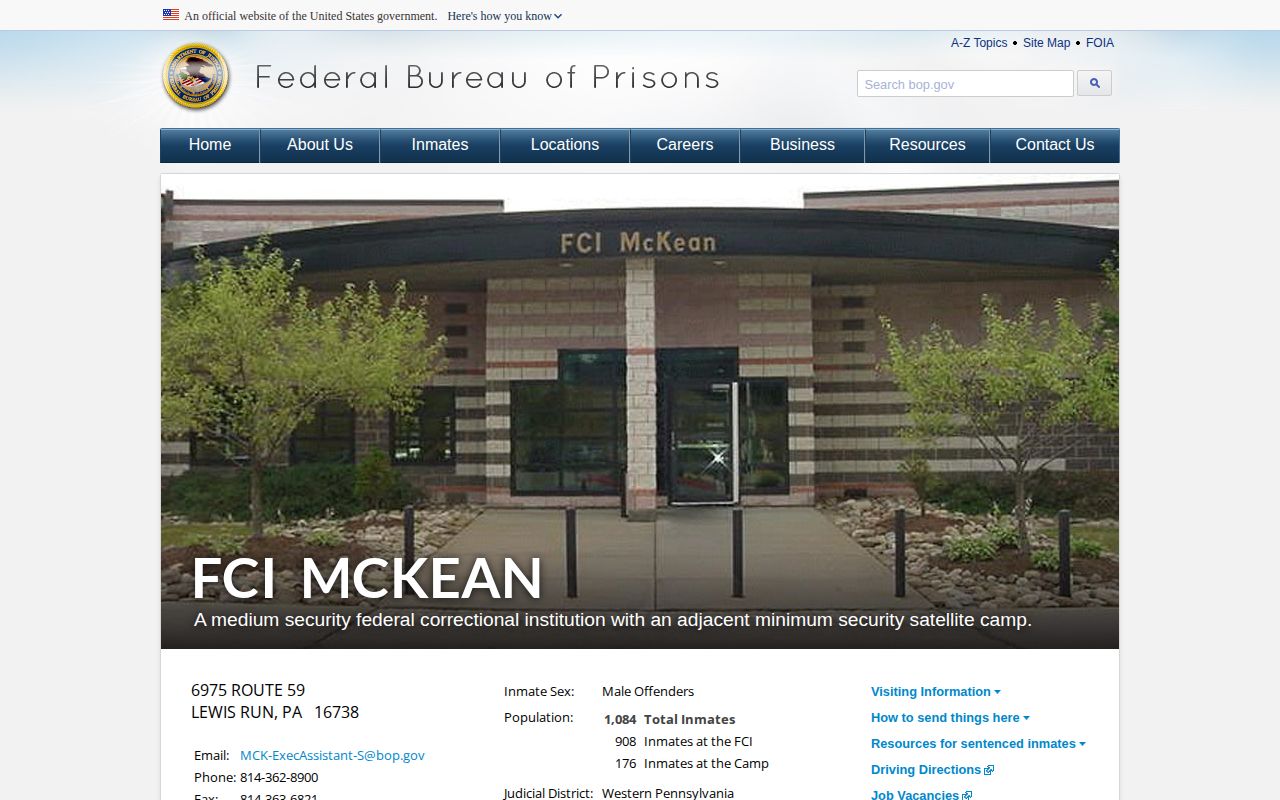 FCI McKean official federal facility and release contact source
