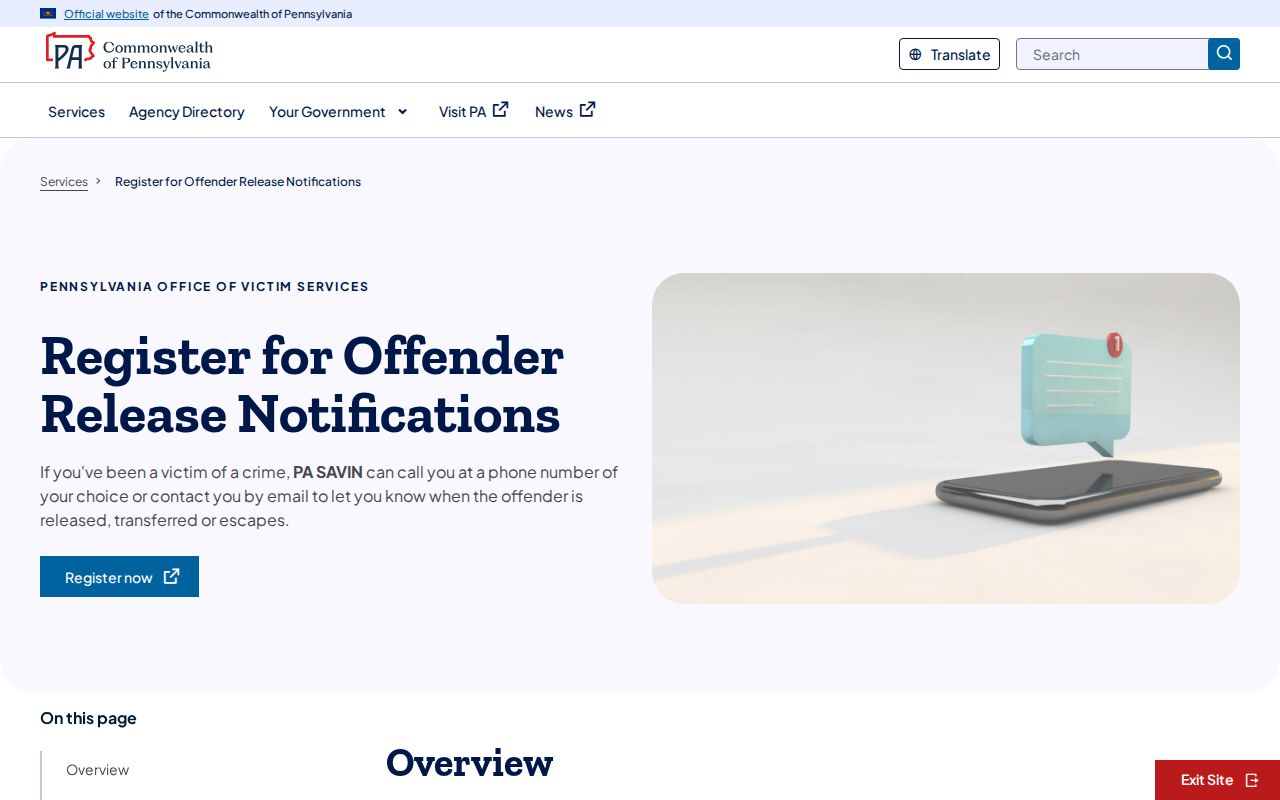 PA SAVIN coverage for McKean County inmate release notifications